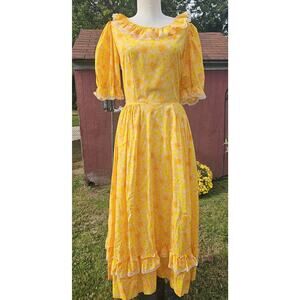 Vintage Prairie Cottagecore Maxi Dress & Pioneer Bonnet Yellow Floral 60s 70s
